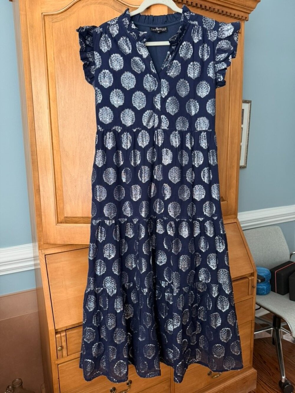 Liza Byrd 100% Cotton Navy Blue & Silver Block Print Tiered Maxi Dress S